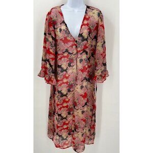 Say What? Sheer Floral Duster Floral Red Black Pink, Ruffle Sleeve Size S/M